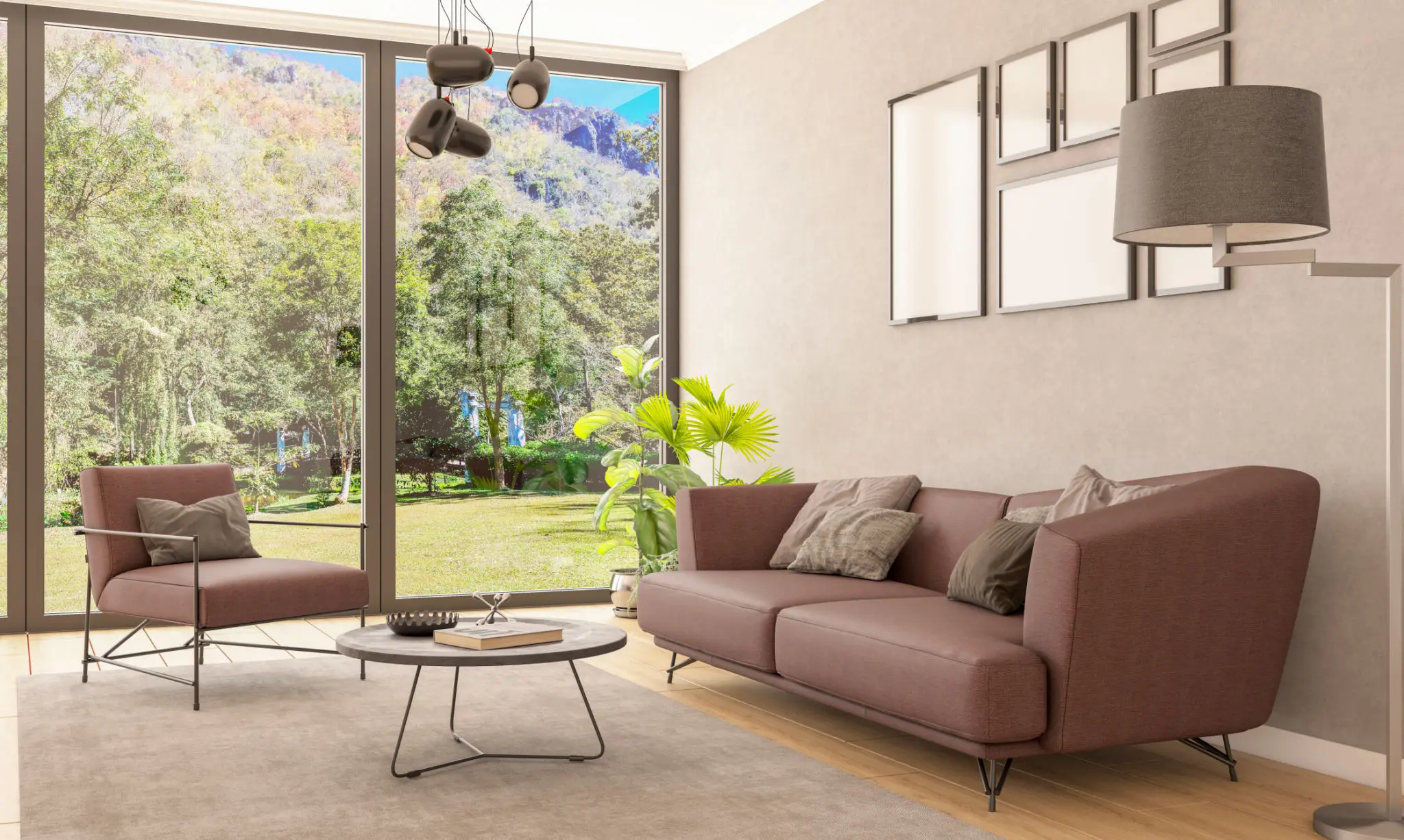 Modern living room with a brown sofa and large window.